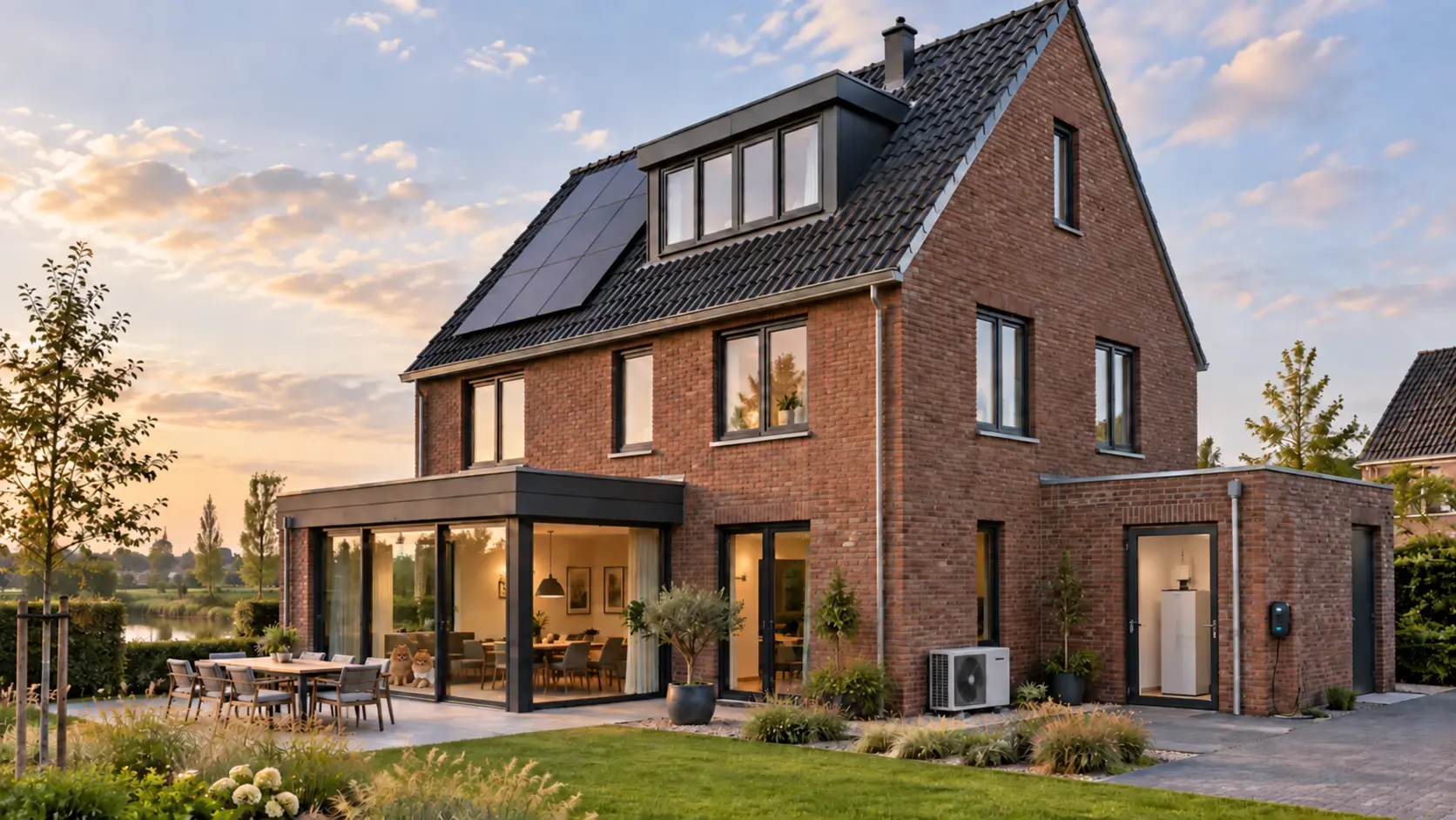 Moderne Nederlandse woning met dakkapel, aanbouw en duurzame installaties